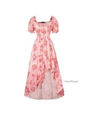 Corset Bodice Chiffon High-Low Floral Dress Puff Sleeve Off Shoulder